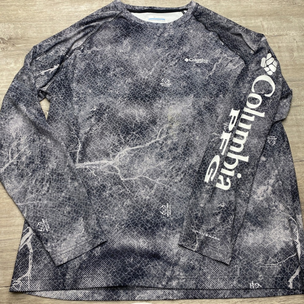 Columbia Shirt PFG Terminal Tackle Mens XL Grey Realtree Mako Camo Polyester L/S